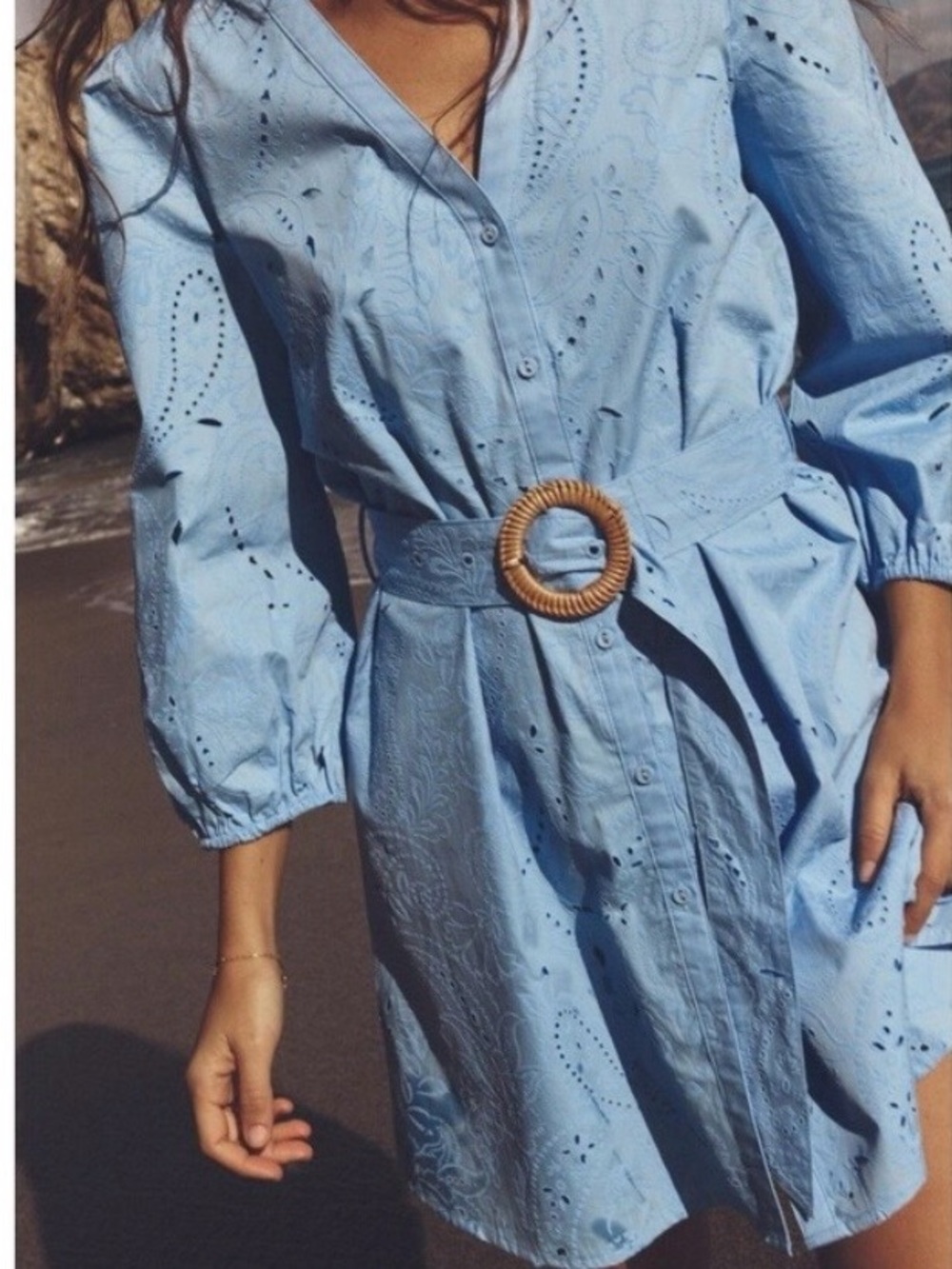 NWOT!! Zara Sky Blue Eyelet Button Mini Dress with Woven Buckle